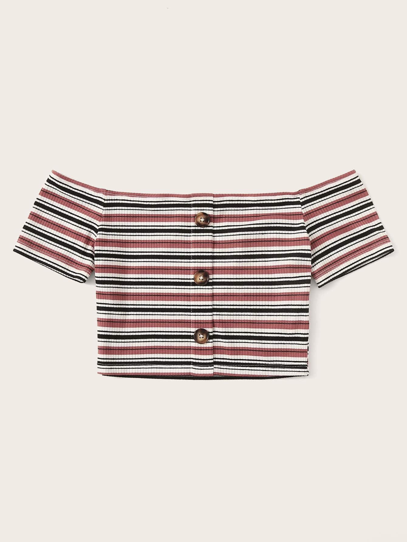 SHEIN Button Front Rib-knit Striped Bardot Crop Tee