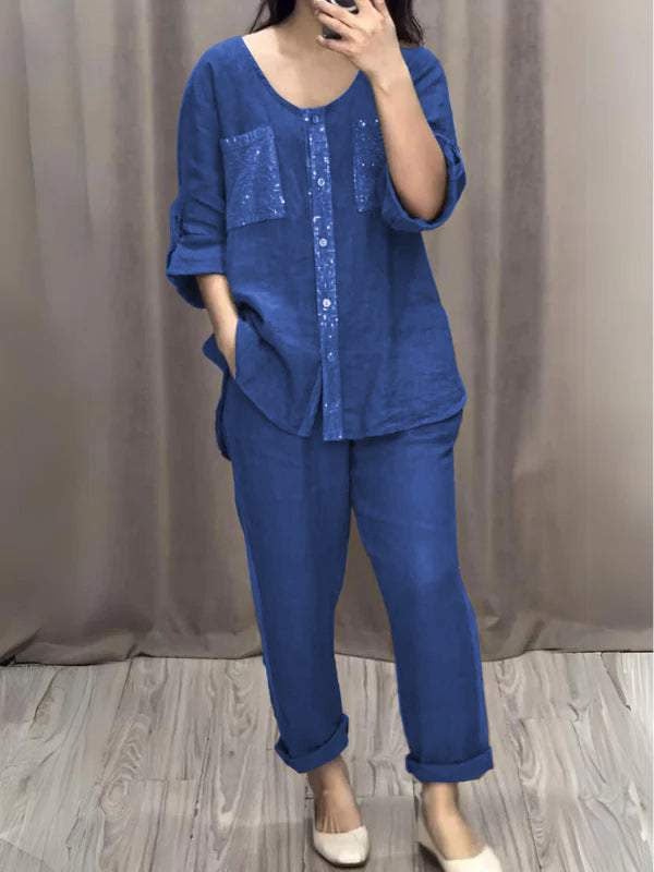 Sequined Round Neck Mid-sleeve Two-piece Suit (Buy 2 Sets Free Shipping)