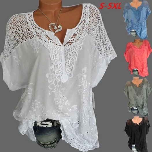 (S-6XL)Damskie koronki V-Neck haftowane krótki rękaw Batwing
