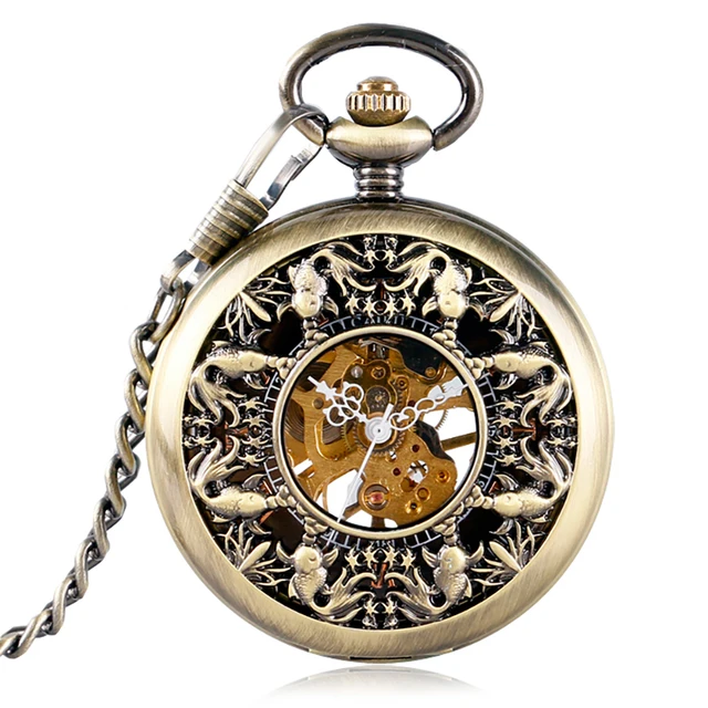 Bronze Hollow Fish Steampunk Hand-winding Mechanical Pocket Watch Pendant Chain Retro Clock for Women Men Gift Reloj De Bolsillo