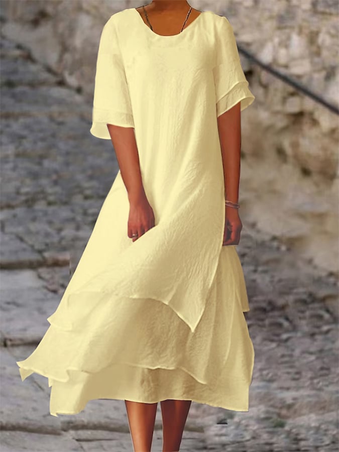 Polyester Cotton Double-Layer Color-Block Slit Short-Sleeved Round Neck Dress
