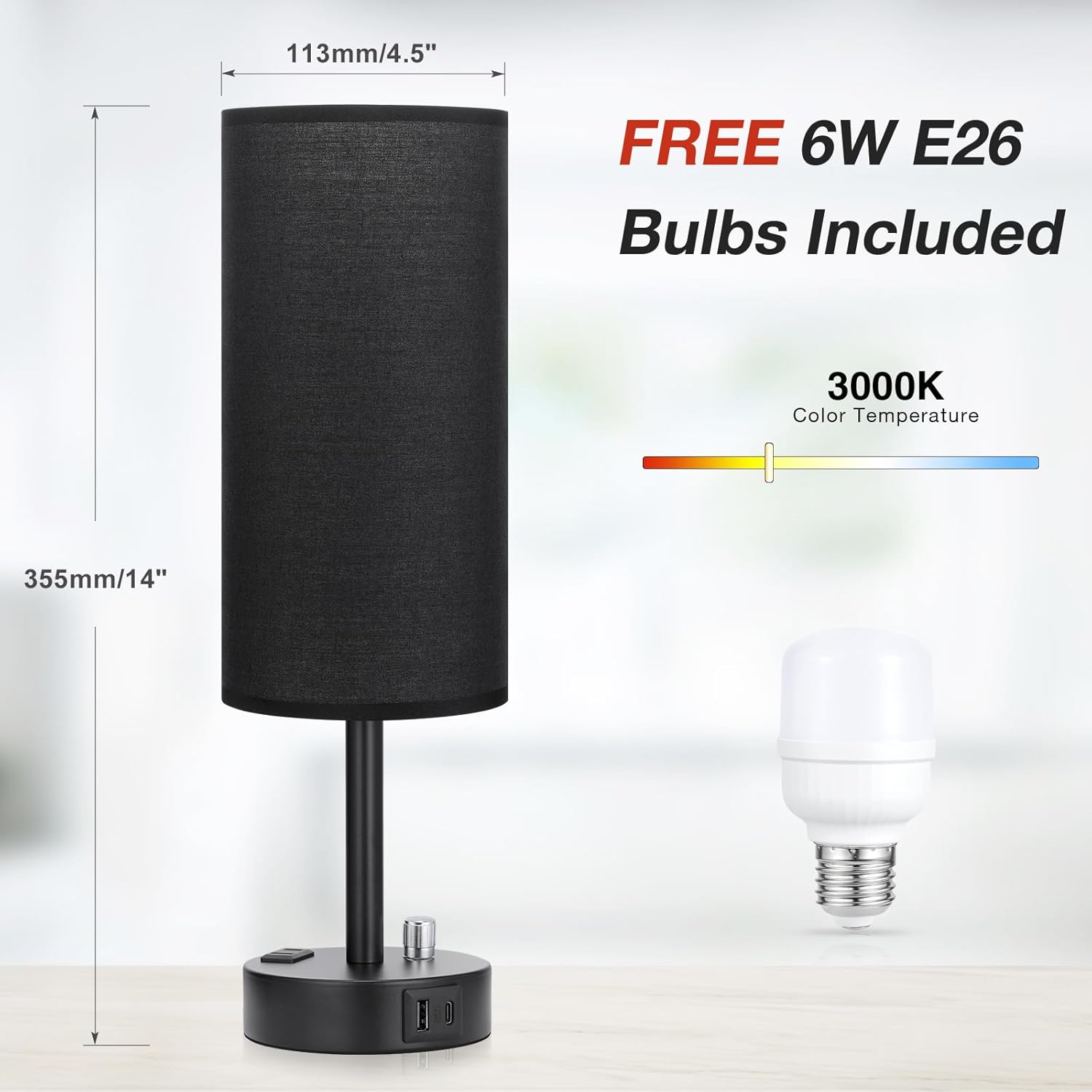 Bedside Table Lamp for Bedroom - 3 Way Dimmable Touch Lamp USB C Charging Ports and AC Outlet, Small Lamp Wood Base Round Flaxen Fabric Shade for Living Room, Desk, LED Bulb Included