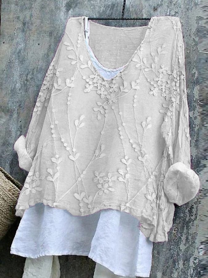 Women's Cotton And Linen Embroidered Printed V-Neck Top
