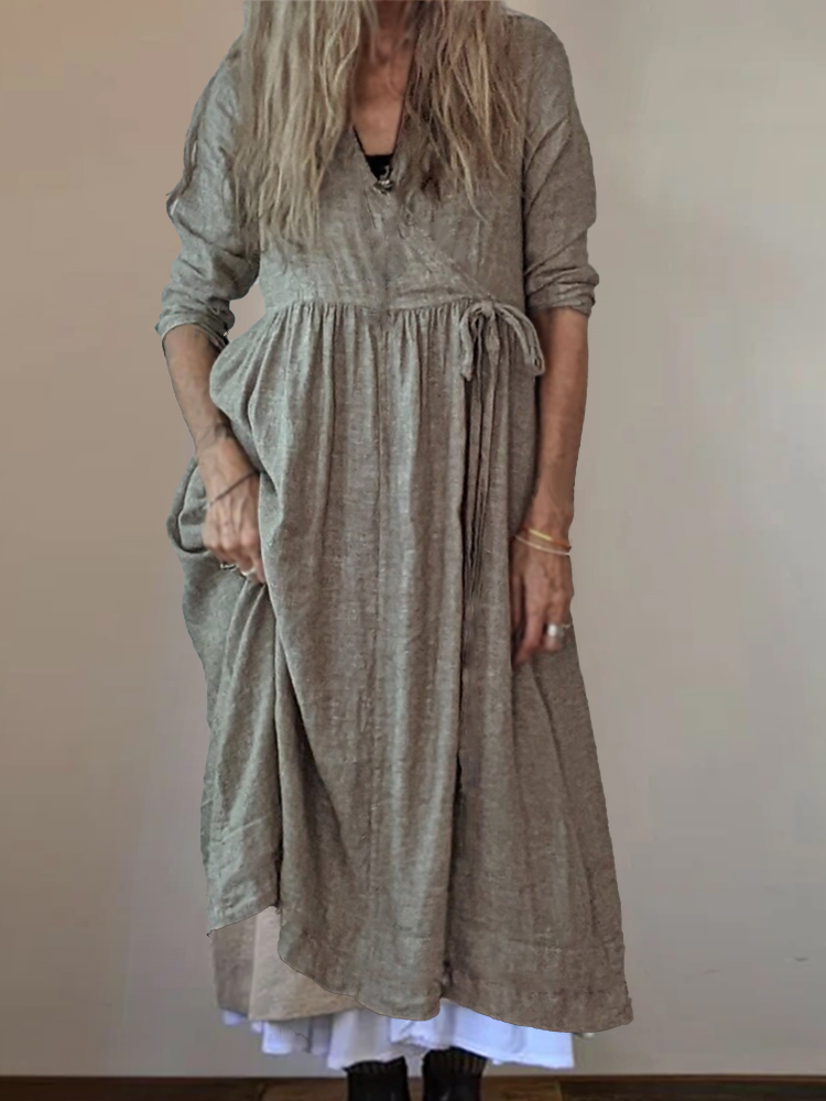 Pleated Frayed Hem Wrap V Neck Maxi Dress