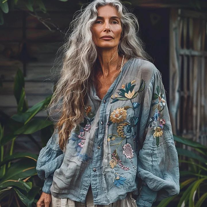 Vintage Bohemian Style Linen Floral Art Print  Long Sleeve Shirt