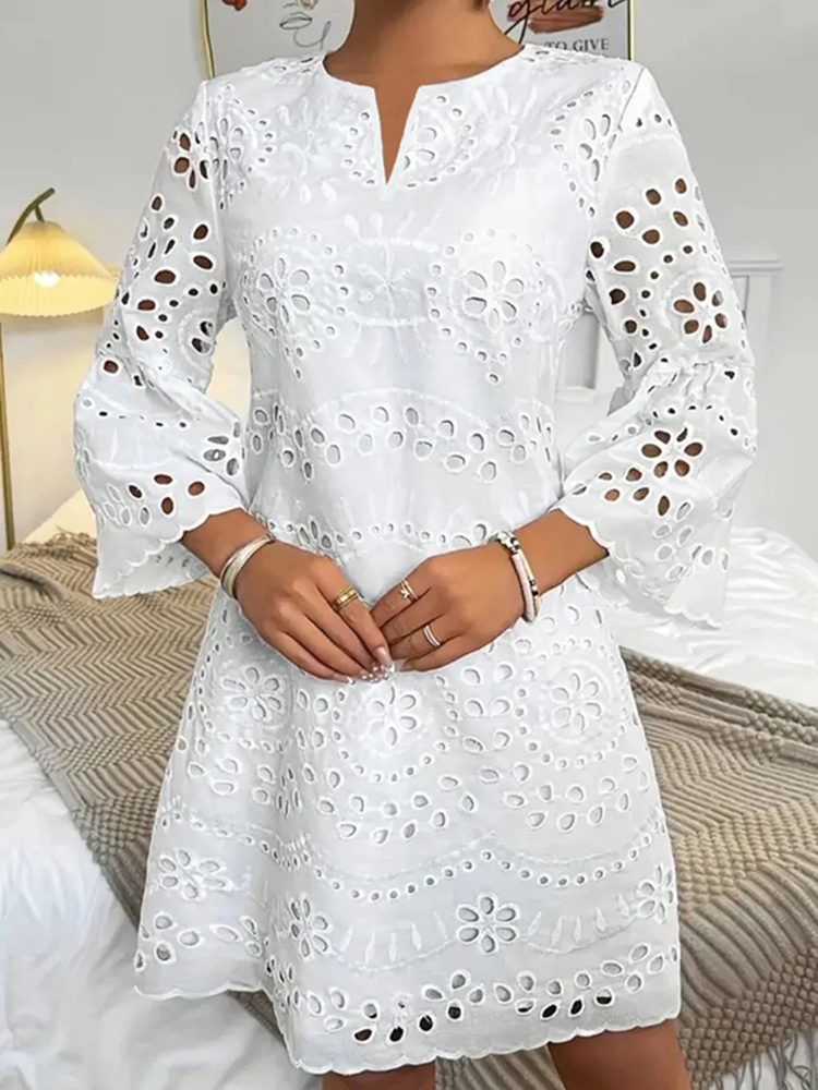Elegant Lace Embroidery Art Long Sleeve V-neck Midi Dress