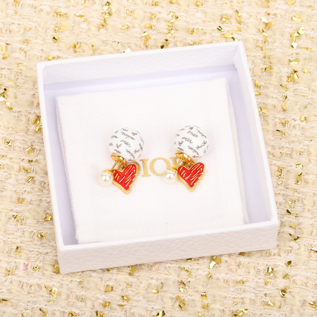 Dior Limited Edition Red Heart Letter Bead Earrings