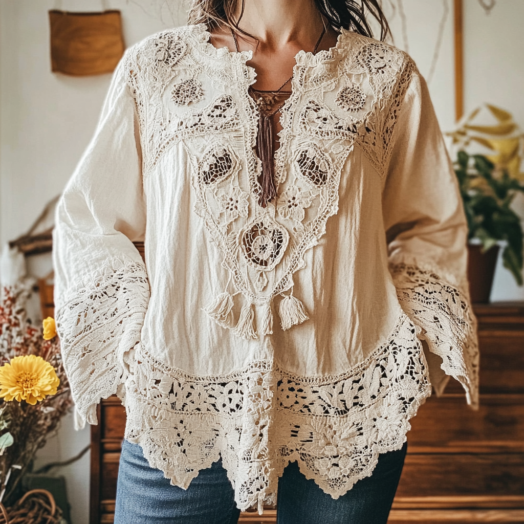 Elegant Lace Embroidery Tassel Art Long Sleeve V-neck Shirt