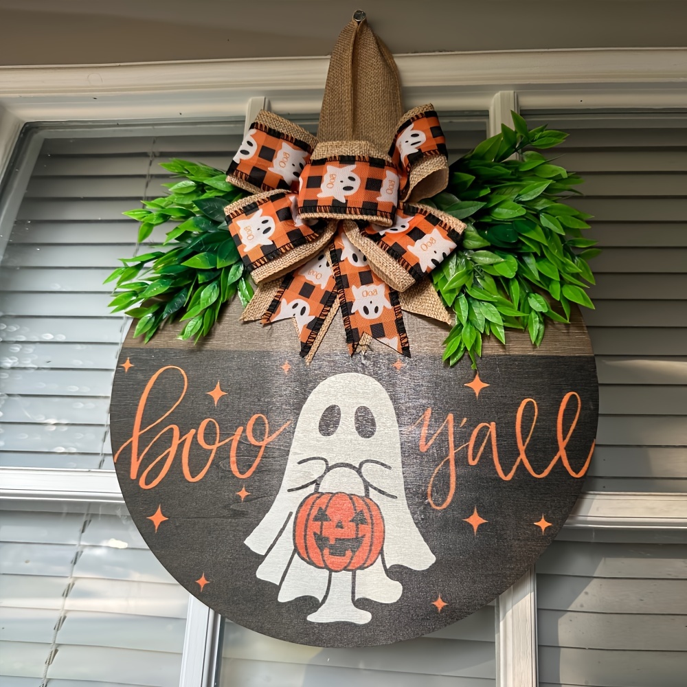 🎃👻Spooky White Ghost Pumpkin Boo Y'all Door Hanging Sign - 15.74 inches/40 cm