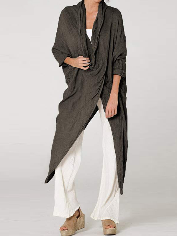 Vintage Linen Blend Long Sleeve Pile Collar Asymmetrical Cardigan