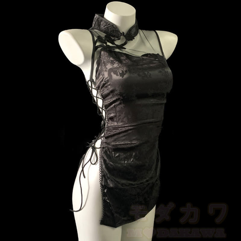 Vintage Cheongsam See-through Lace-up Lingerie Dress