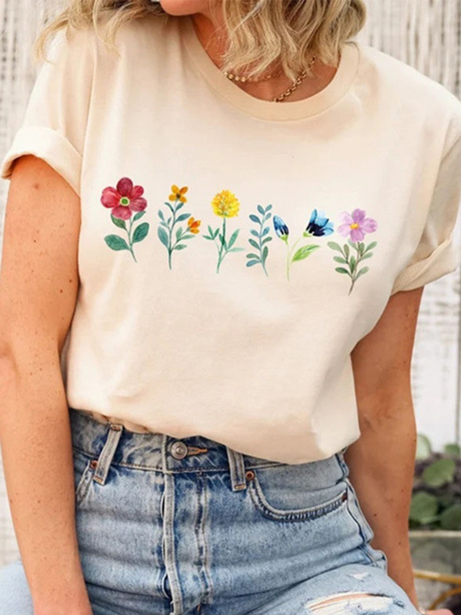 Flowers Printed Round Neck T-shirt