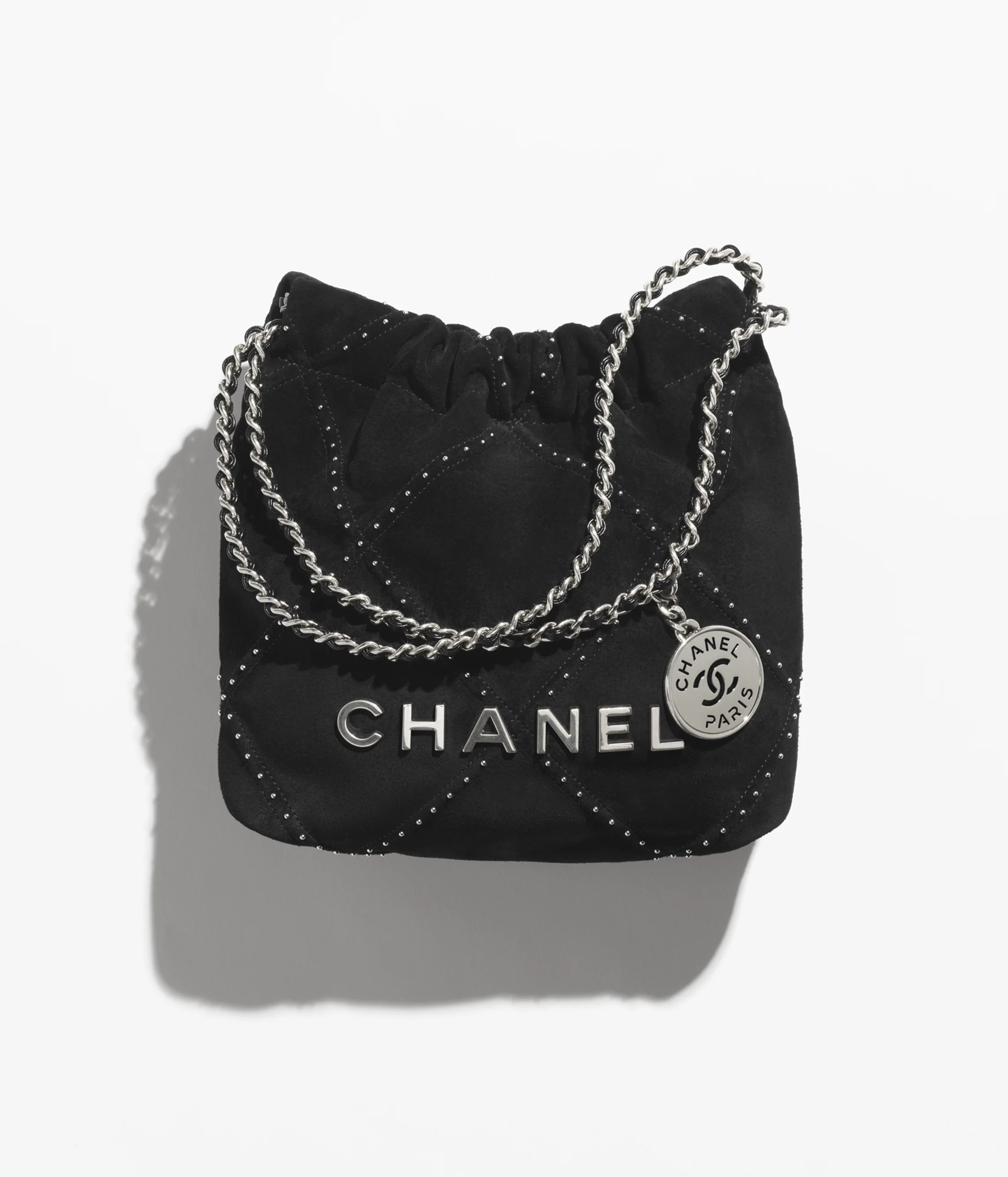 CHANEL 22 Mini Handbag Suede Calfskin, Studs & Silver-Tone Metal Black AS3980-B20303-94305
