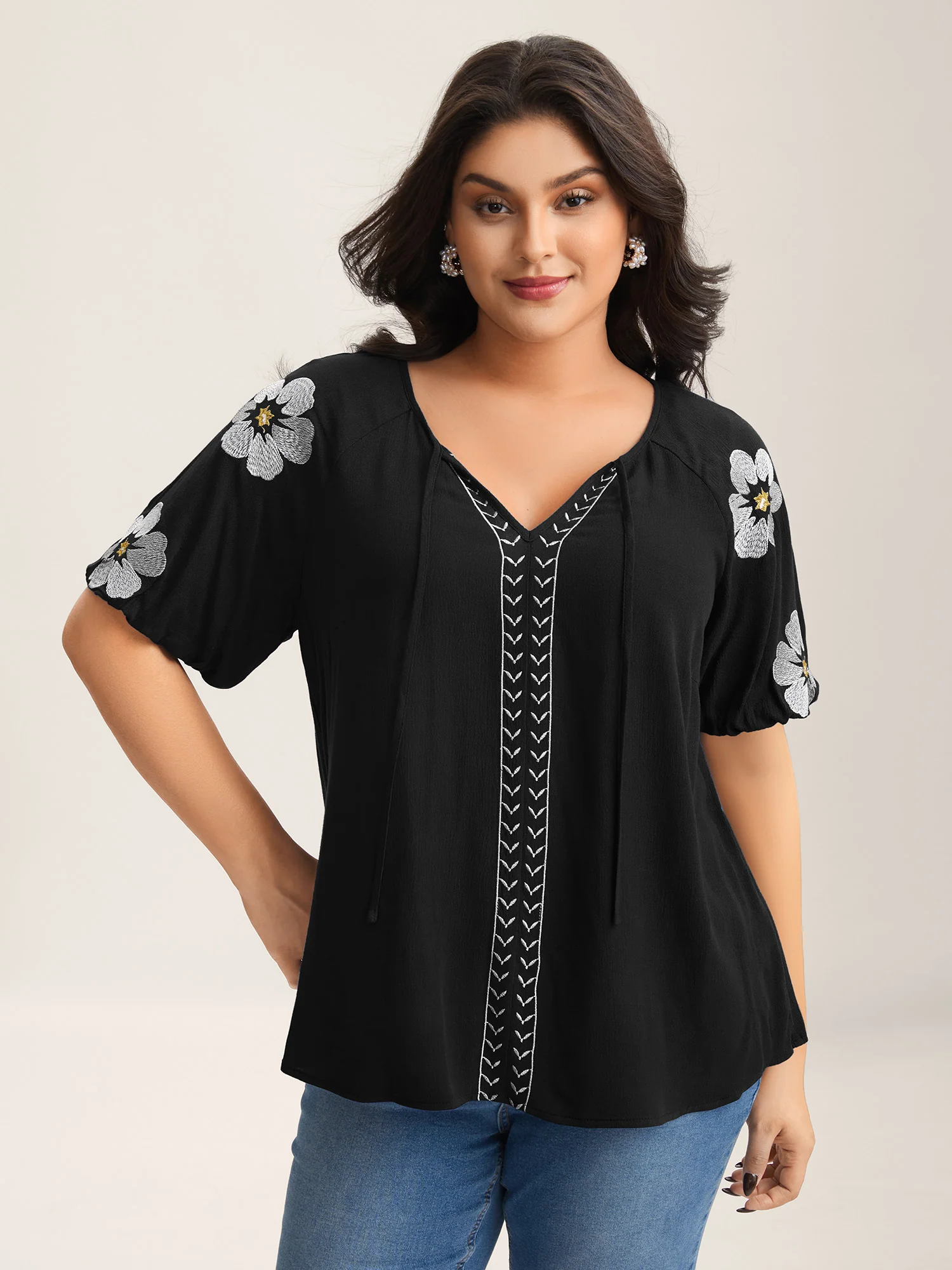 Floral Embroidery Textured Neck Tie Blouse