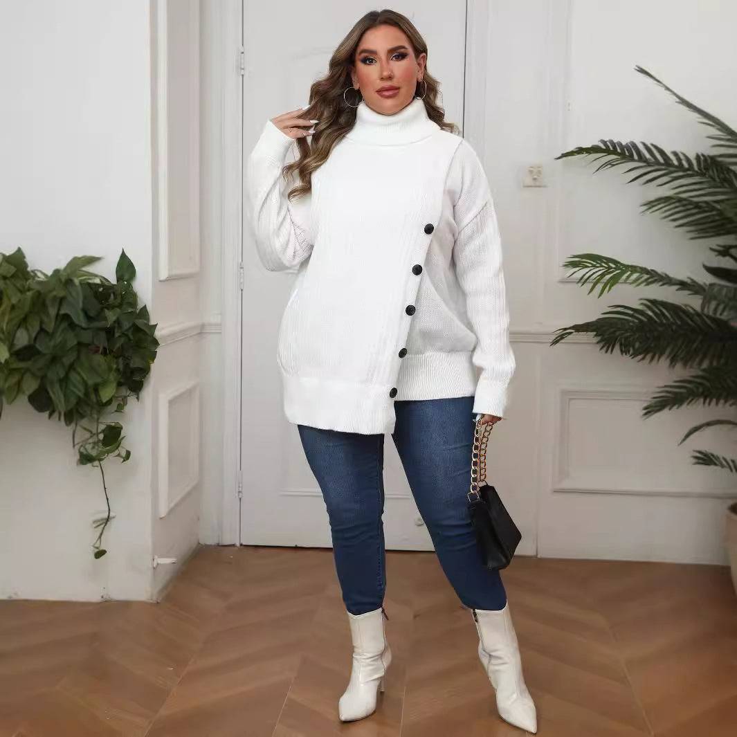Plus Size Women Turtleneck Sweater Autumn Winter Clothes Fastener Decoration Irregular Asymmetric Mid Length Sweater