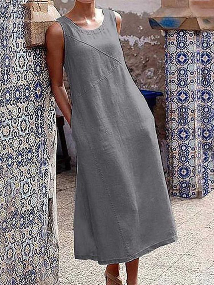 Retro Pocket Comfy Sleeveless Midi Dress