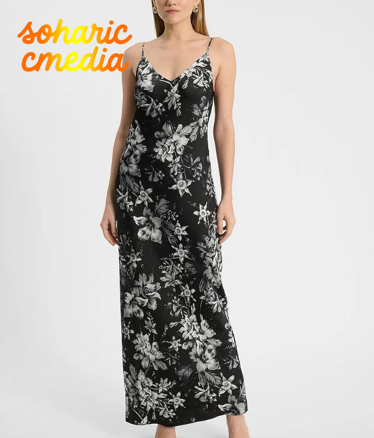 Floral Satin V-Neck Maxi Downtown Cami Slip Dress