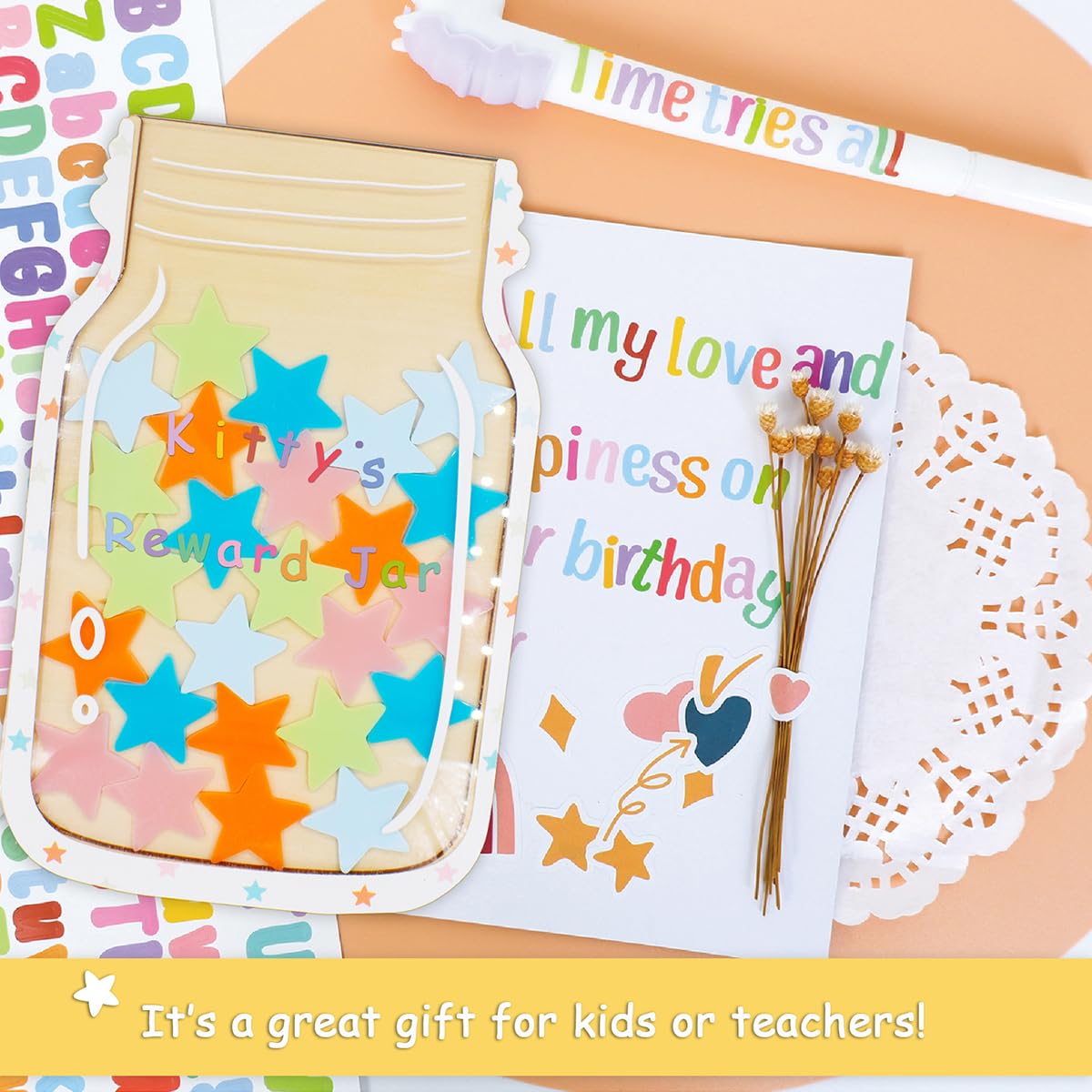 🔥SPRING SALE🔥Personalized Stars Reward Jar for Kids, DIY, with Colorful Letter Stickers