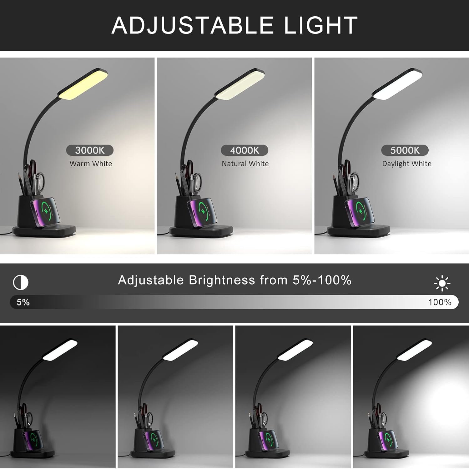 Desk Lamp with Wireless Charger, LED Desk Lamps for Home Office, 800 Lumens, Small Desk Lamp with Pen Holder, Flexible Arm, 3 Modes, Dimming, Touch Lamp for College Dorm Room