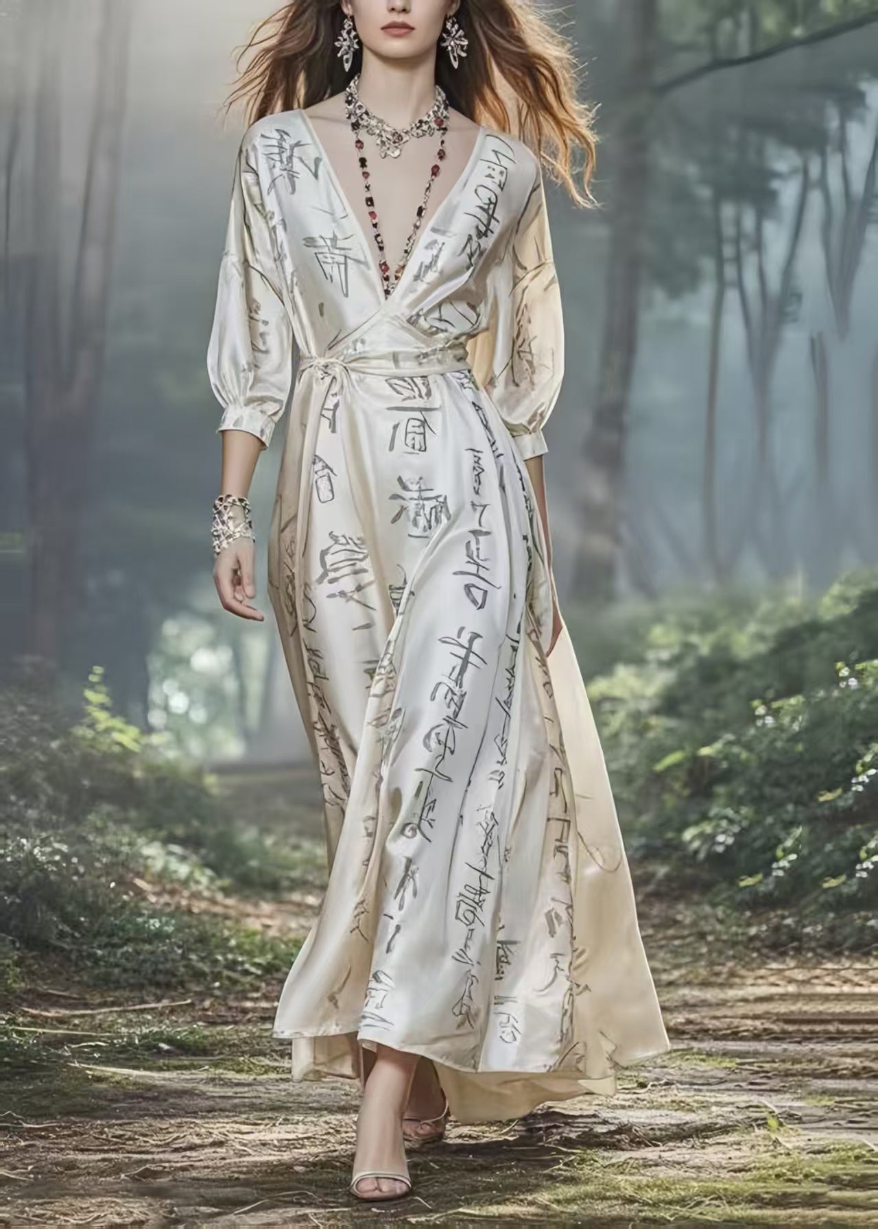 White Draping Silk Robe Dresses Cinched Exra Large Hem Bracelet Sleeve