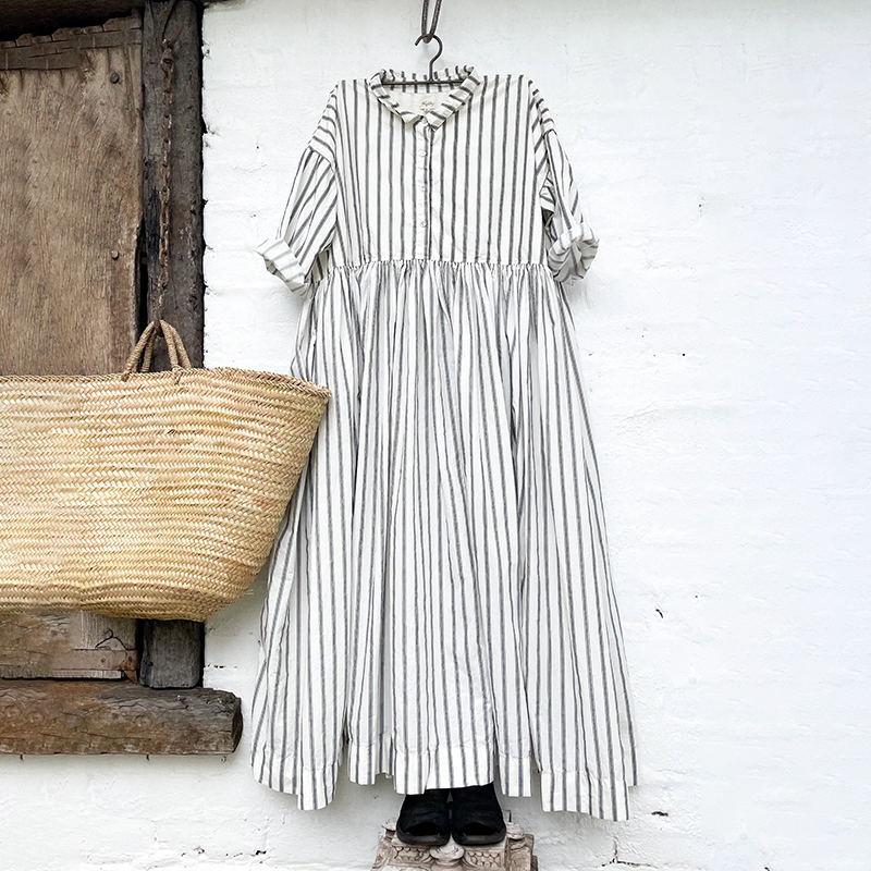 Striped Casual Shirt Collar Long Sleeved Maxi Dress