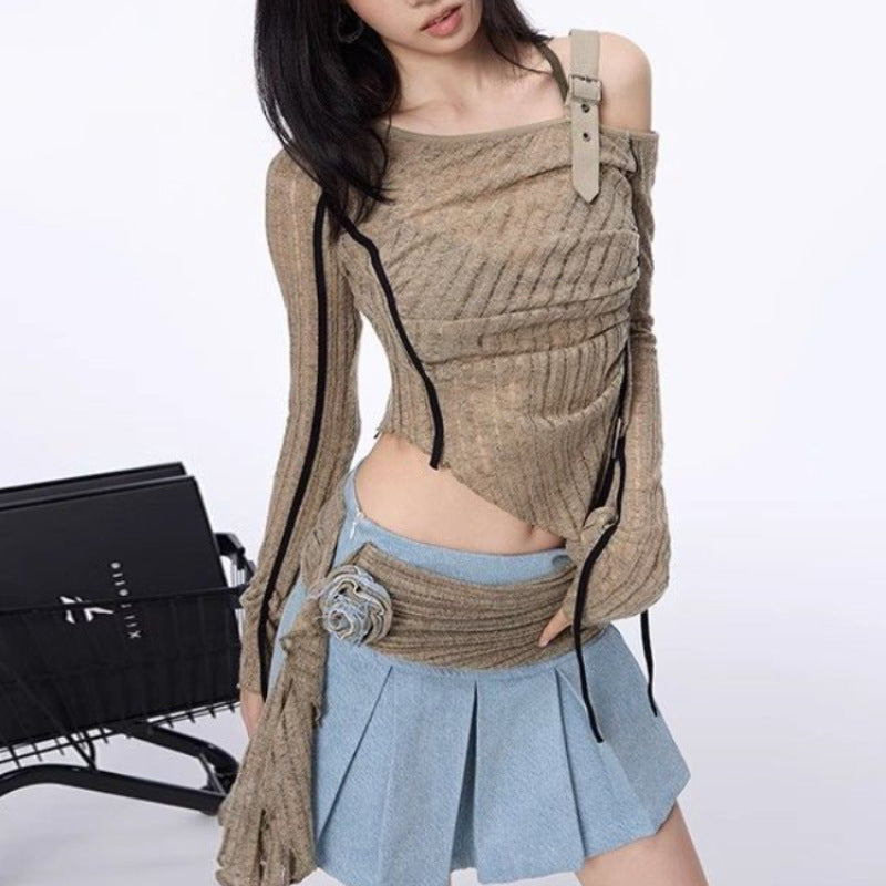 Women's Vintage Slim-Fit Sweater with Woven Shirt Design