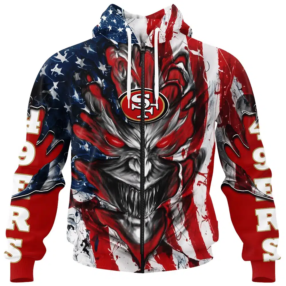SAN FRANCISCO 49ERS DEMON FACE AMERICAN FLAG-3D UNISEX HOODIE
