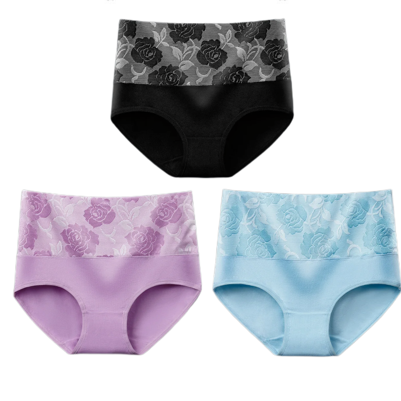 (🔥Last Day Promotion-SAVE 50% OFF) --Cotton High Waist Tummy Control Leak proof Panties Rose Jacquard Ladies Panty Multipack(3PCS/SET)-BUY 2 SETS GET 10% OFF & FREE SHIPPING
