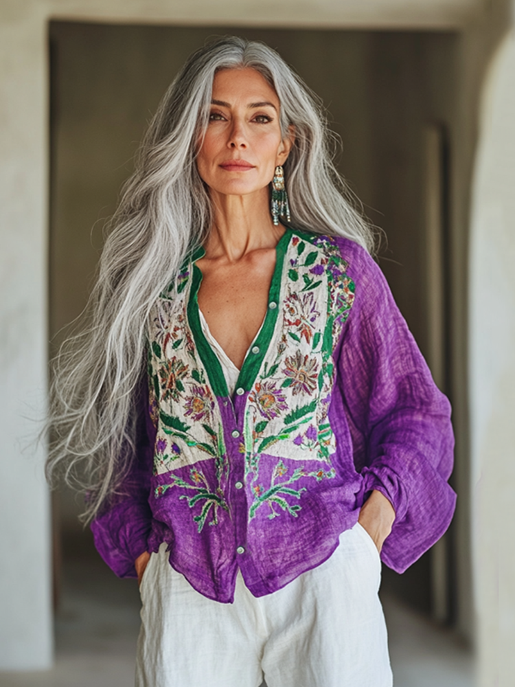Bohemian Linen Floral Art Print Long Sleeve Loose  Shirt