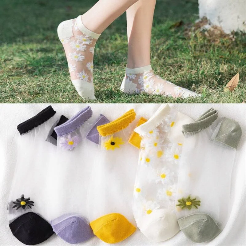 (🔥Last Day Promotion-SAVE 60% OFF) -Sheer Floral Daisy Socks -(SET OF 5 Pairs / 5 color)