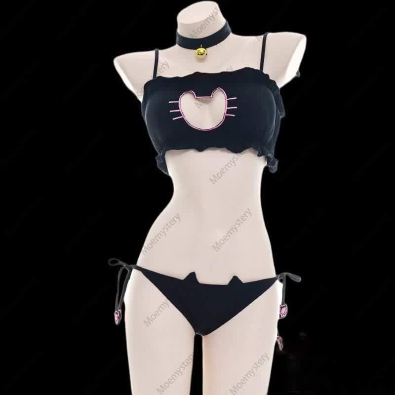 Cat Paw Print Hollow Lace-Up Lingerie Set