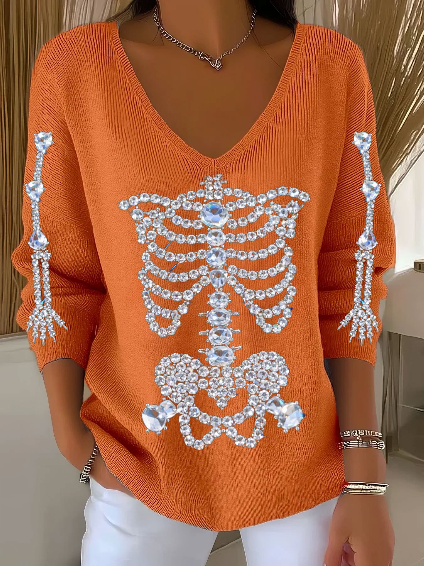 🔥Buy 3 Get 10% Off🔥Women's Halloween Diamond Skeleton Print V-Neck T-Shirt