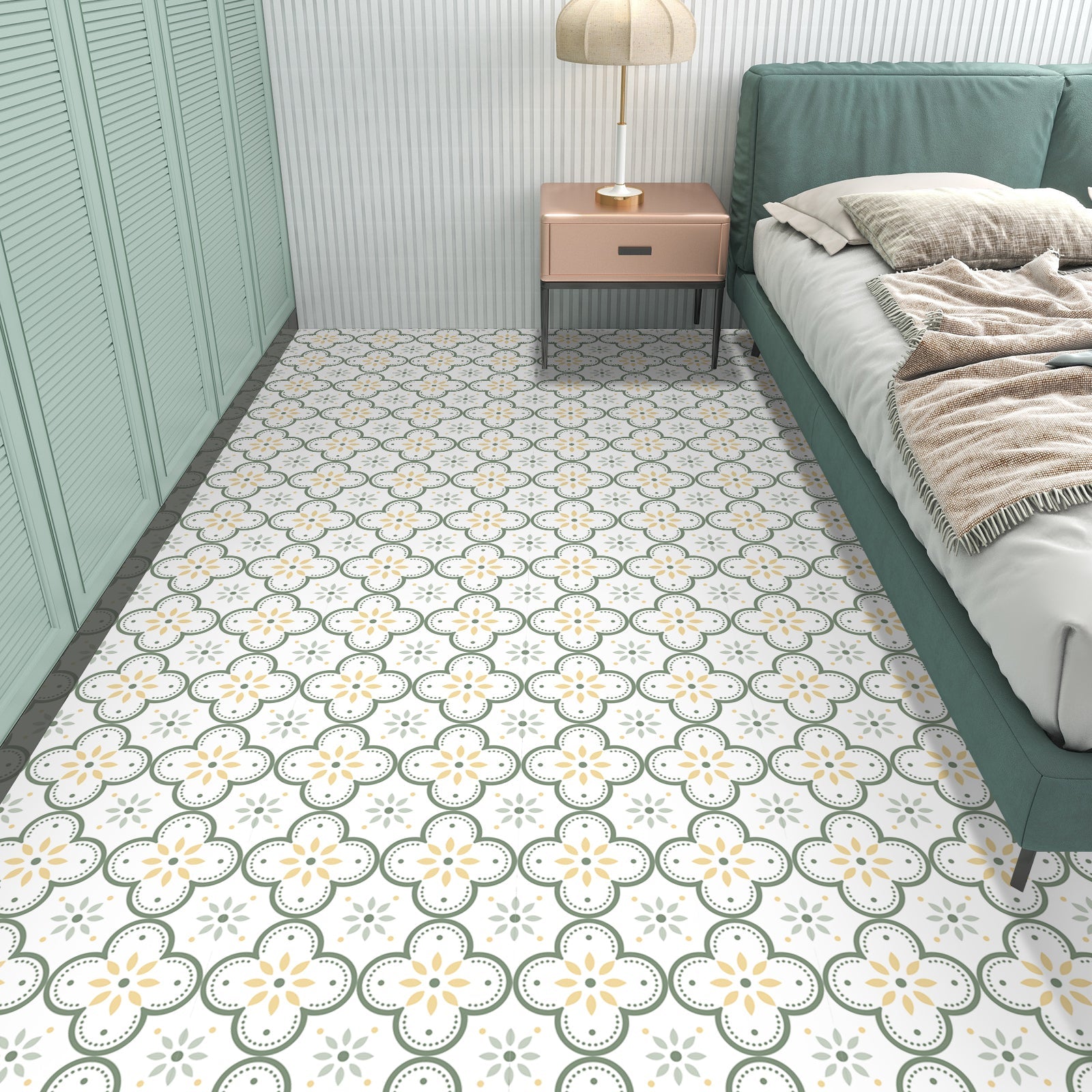 Green Flower Peel and Stick Vinyl Floor Tile Sticker