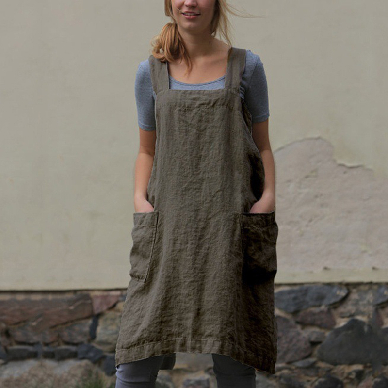 Retro solid color side pocket cotton apron dress