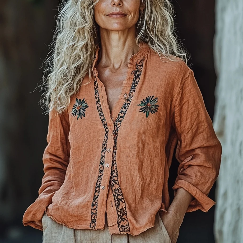 Bohemian Linen Floral Art Print Long Sleeve Loose  Shirt