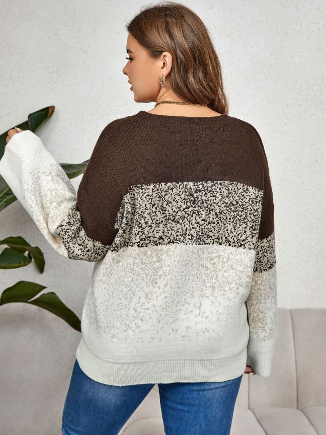 Plus Size Autumn Winter Color Matching Multi Color round Neck Clothing