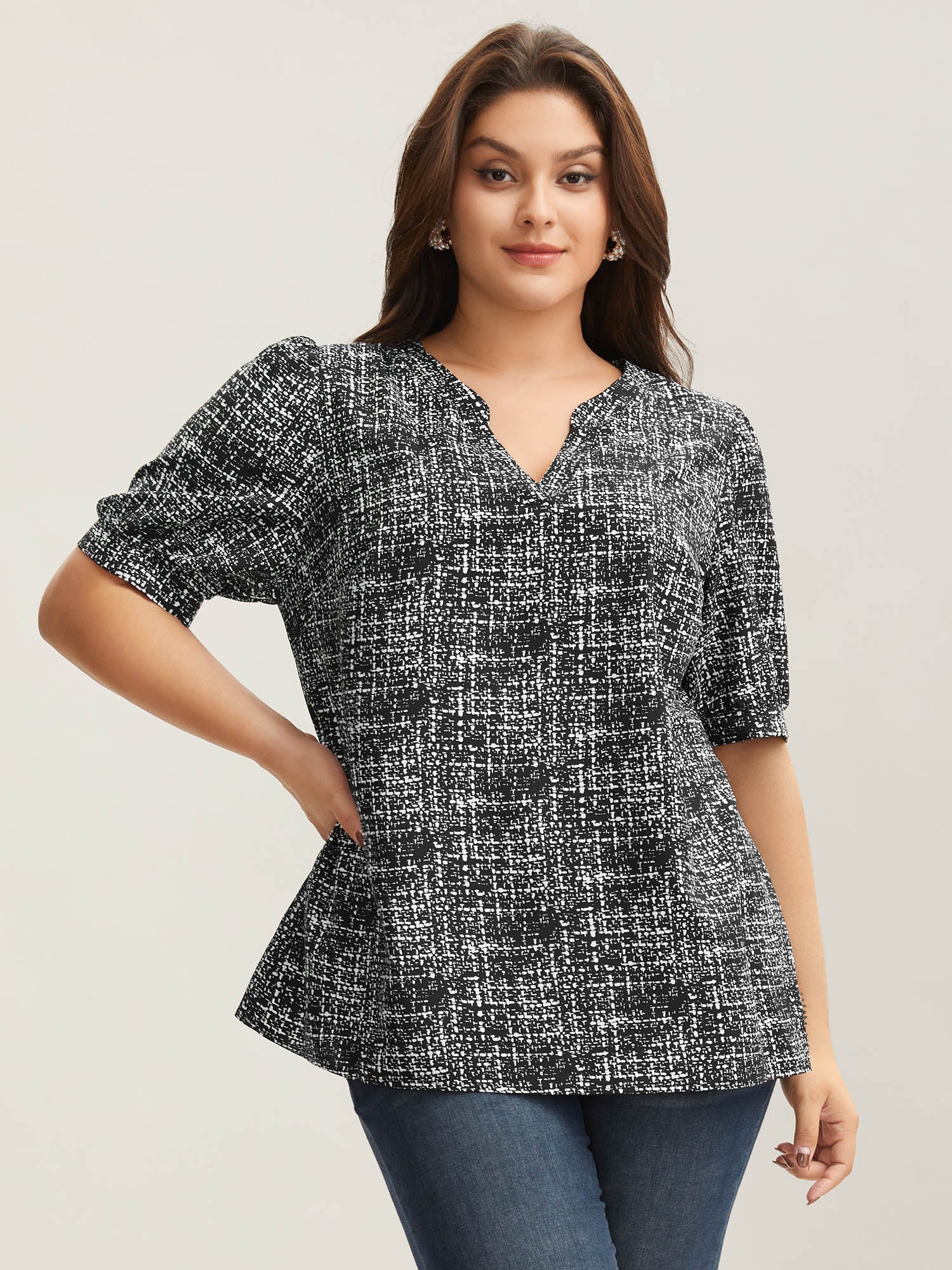Geometric Print Puff Sleeve Blouse