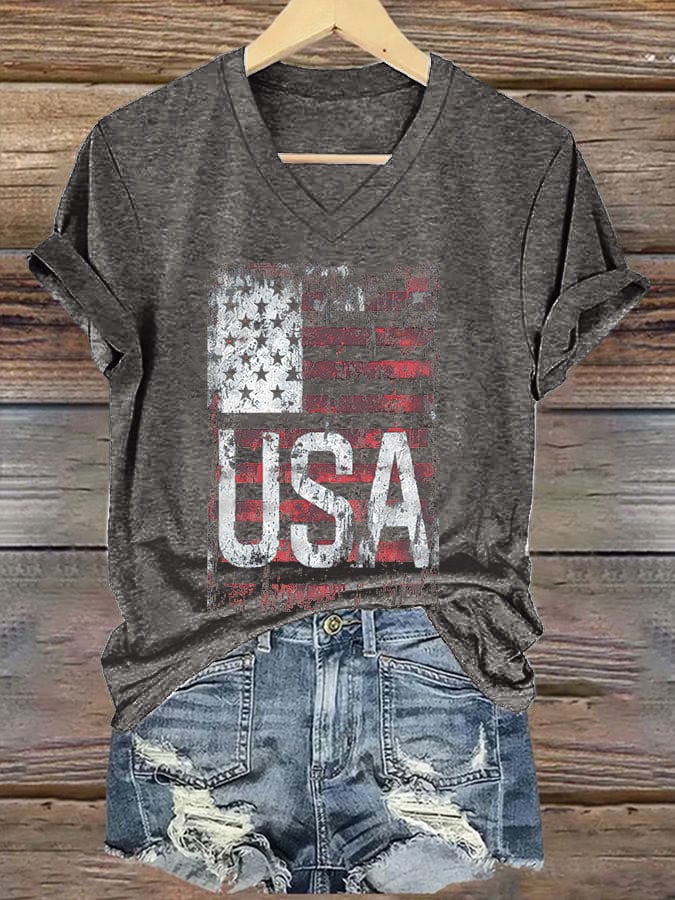 V-Neck Retro Independence Day Flag USA Print T-Shirt