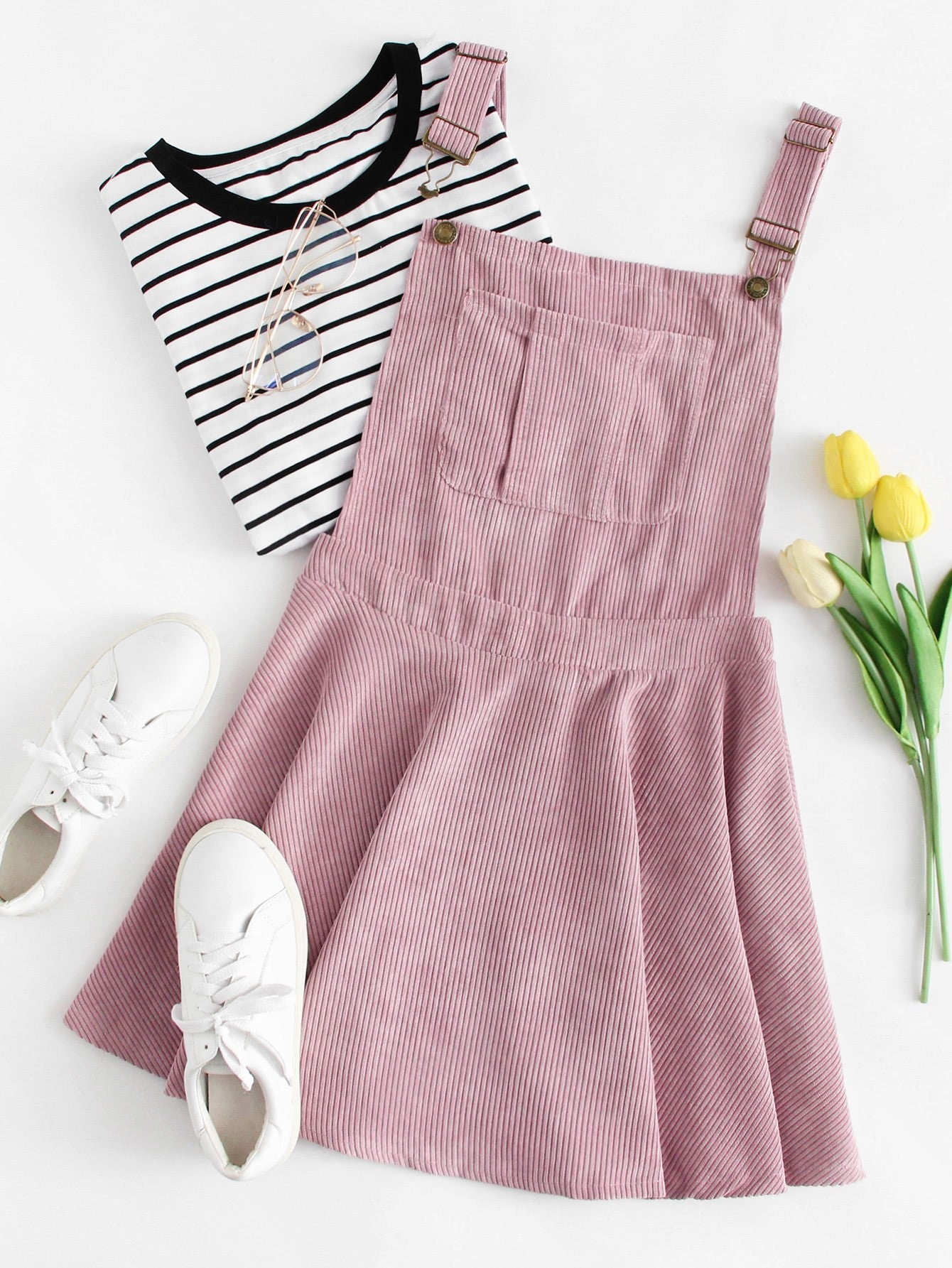 Pocket Front Zip Up Back Corduroy Overall Dress