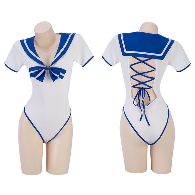 Low-cut Sailor Collar Lace Up Jumpsuit Lingerie Stockings Set