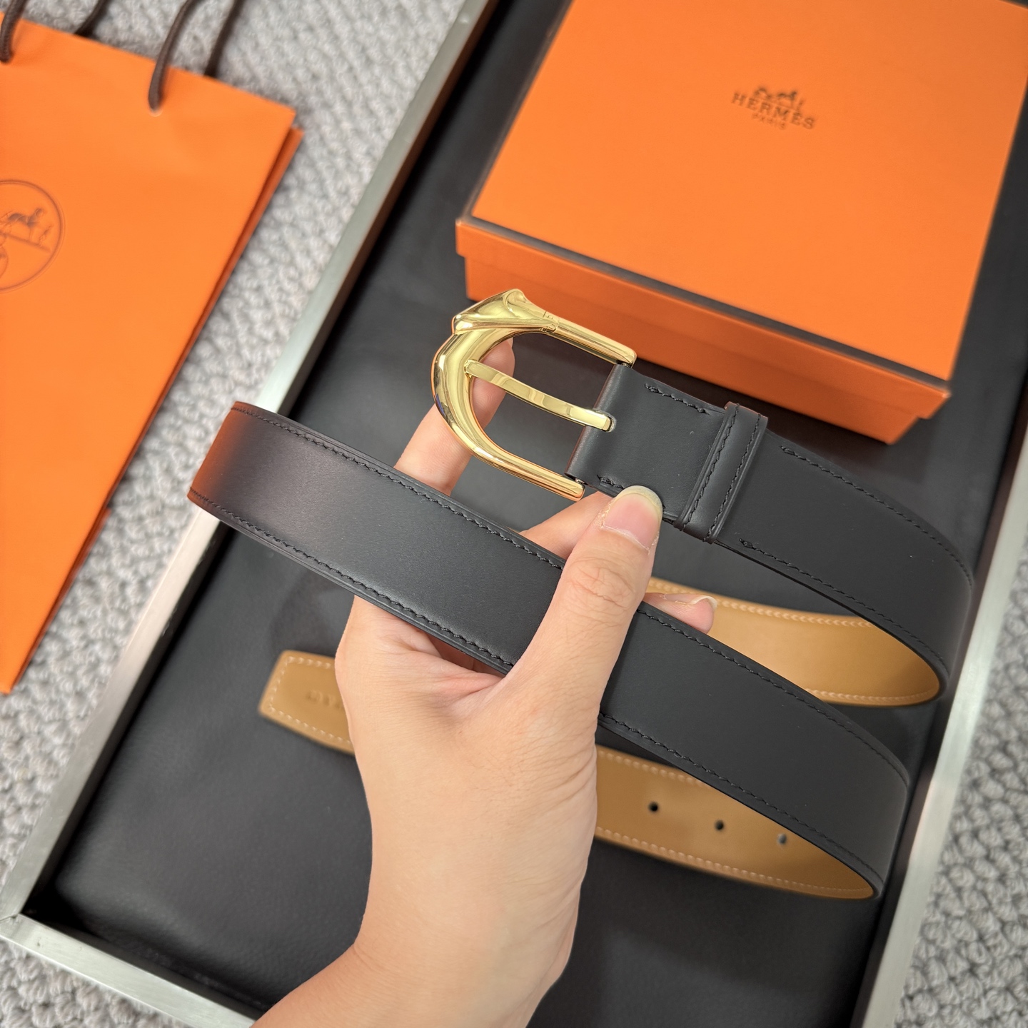 Hermès BoxTogo calfskin double-sided belt 3.2CM wide