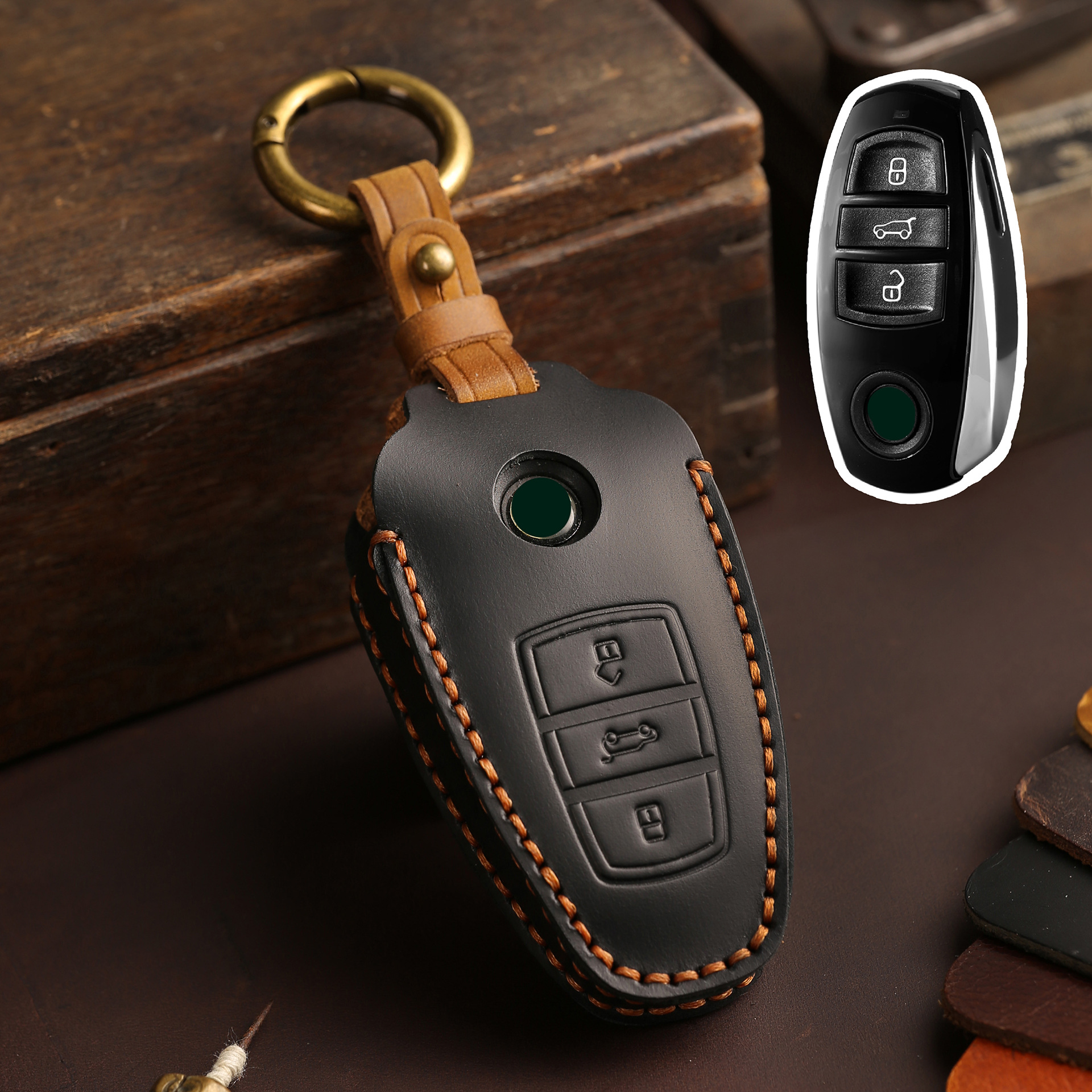 Buttons Genuine Leather Car Key
