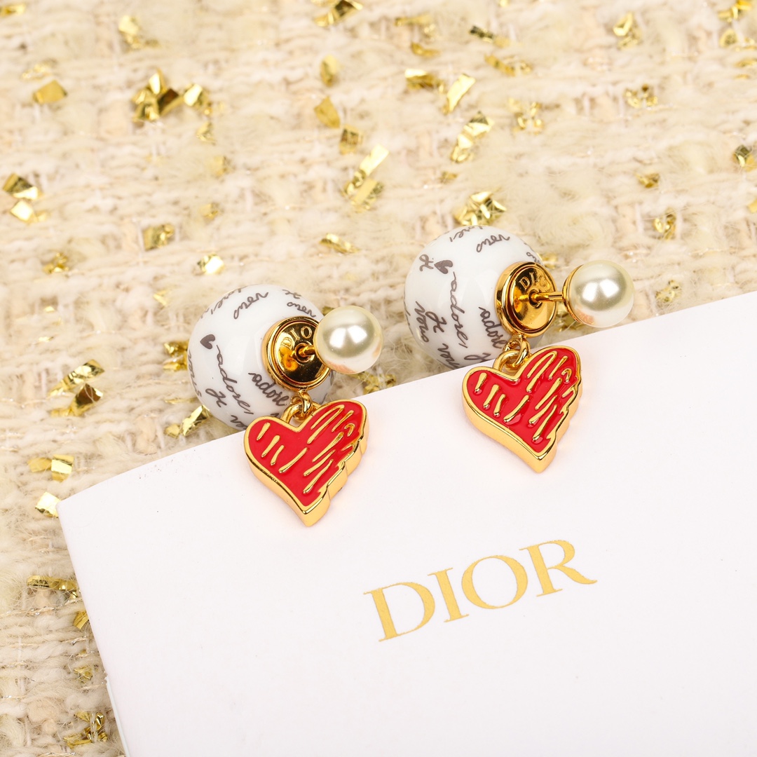 Dior Limited Edition Red Heart Letter Bead Earrings