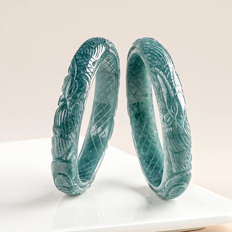 Natural A-grade Jade Blue Water Circle Stereoscopic Carved Phoenix Safety Bracelet Ice Jadeite Bangle Children's Gifts Jewelry