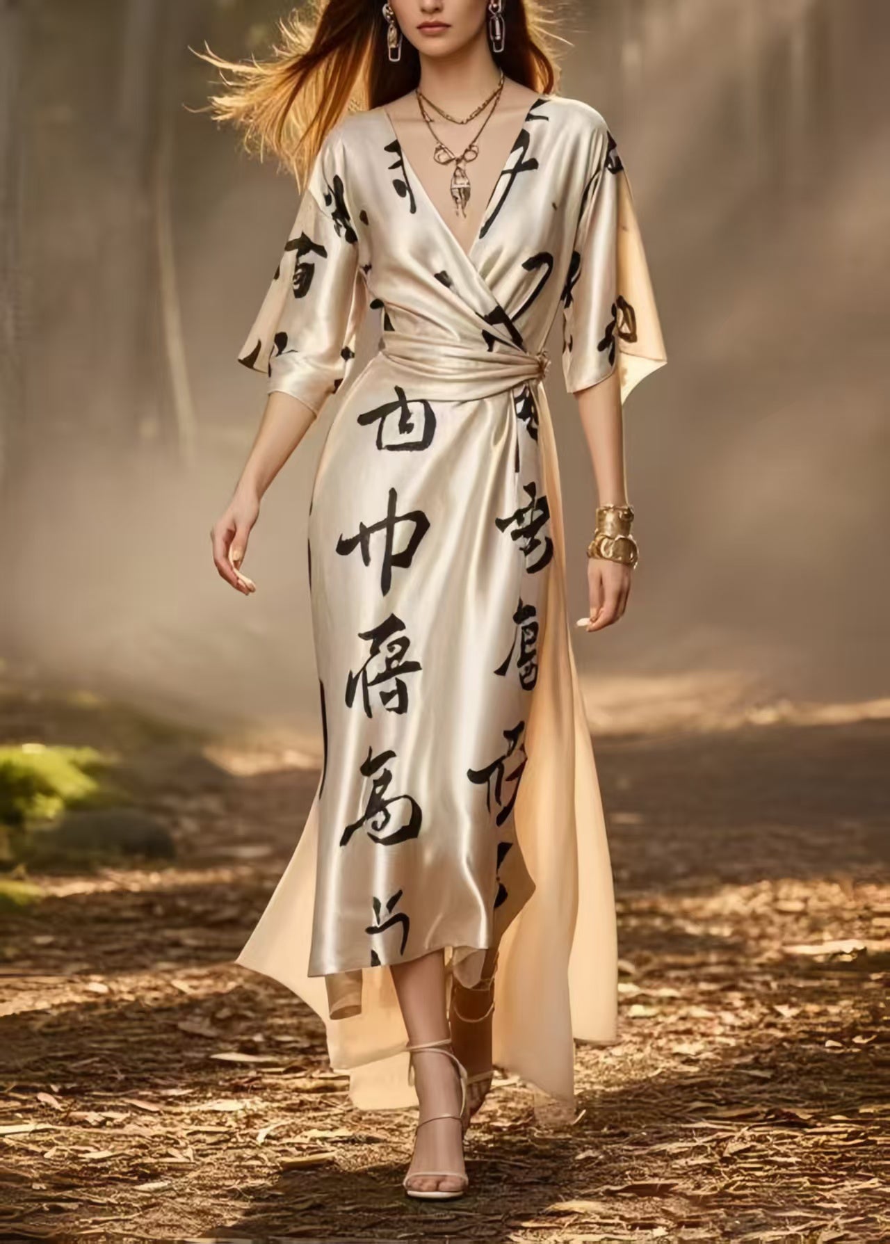 Elegant Champagne Print Draping Silk Cinched Dress Summer