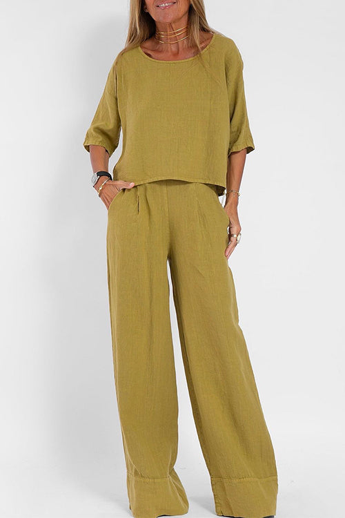 Heididress Round Neck 3/4 Sleeves Pullovers Wide Leg Pants Cotton Linen Set