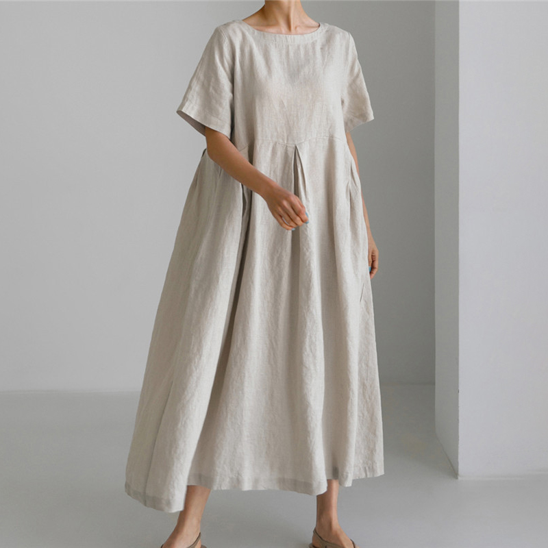 Solid Color Pleat Round Neck Maxi Dress