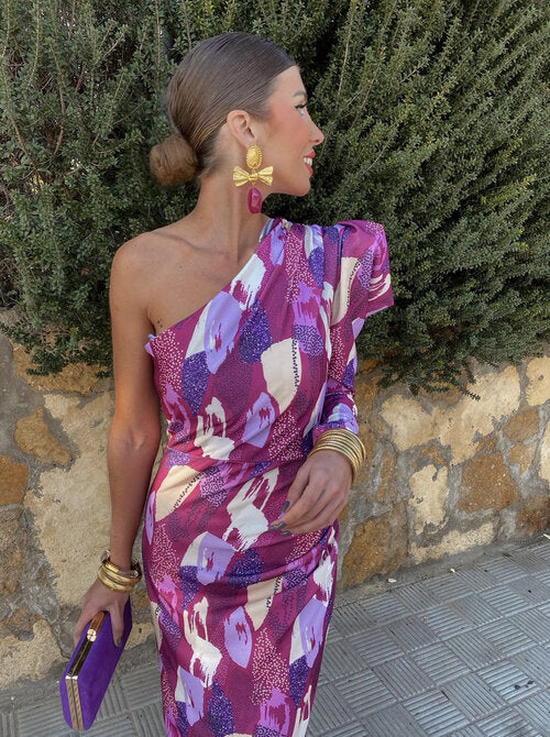 Purple Puff One Shoulder Midi Dress