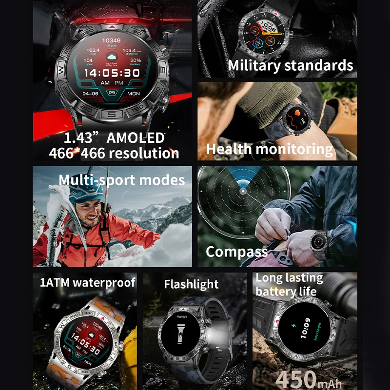 New men's outdoor three-proof 1ATM deep waterproof smartwatch 1.43inch 450Mah large battery HD Bluetooth call men's smartwatch