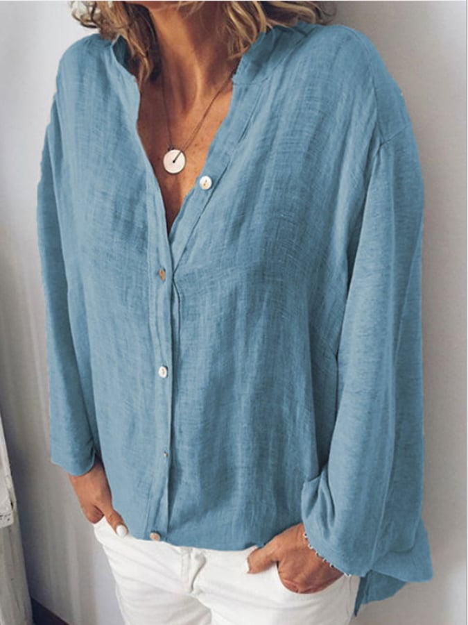 Women's V-Neck Long Sleeve Loose Button Design Casual Shirt